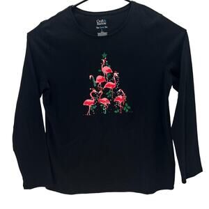 Croft & Barrow Black Pink Christmas Flamingos Long Sleeve Tee Womens Large Shirt